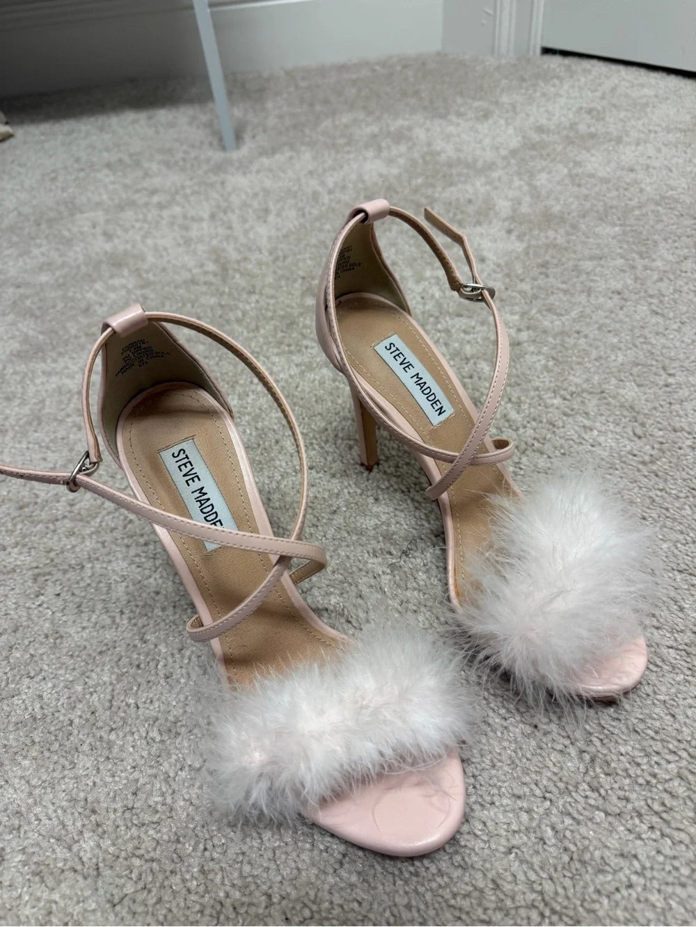Steve Madden Blush Pink Feather-Trim Ankle-Strap Heels
